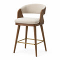 Taburete de madera con asiento de lino beige y reposapiés metálico