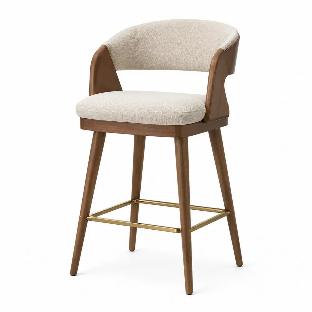 Taburete de madera con asiento de lino beige y reposapiés metálico