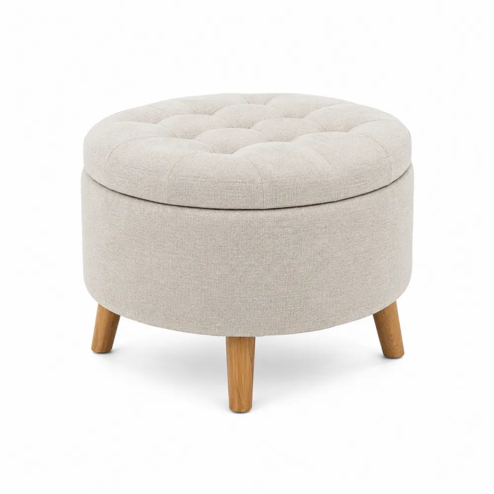 Taburete redondo con almacenamiento tapizado en poliéster beige