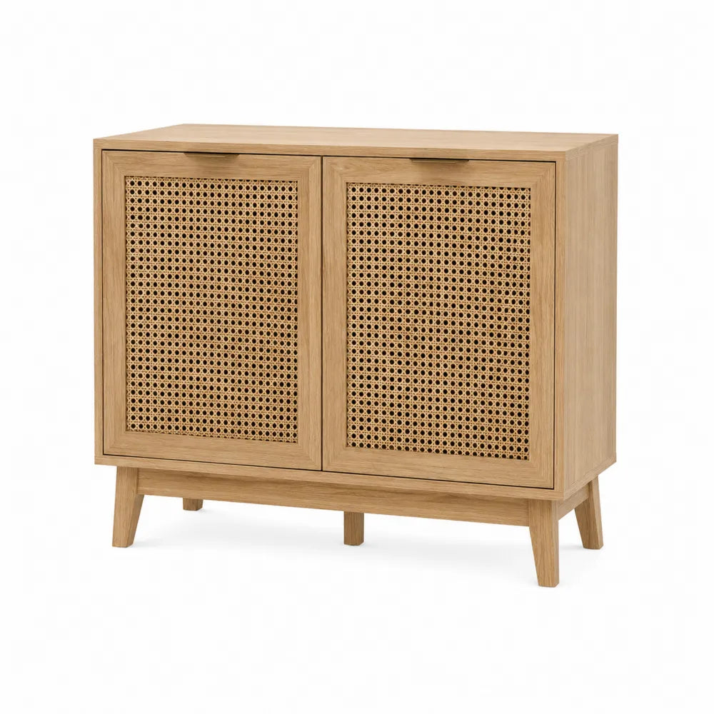 Aparador de madera de roble y mimbre 90x40x75 cm