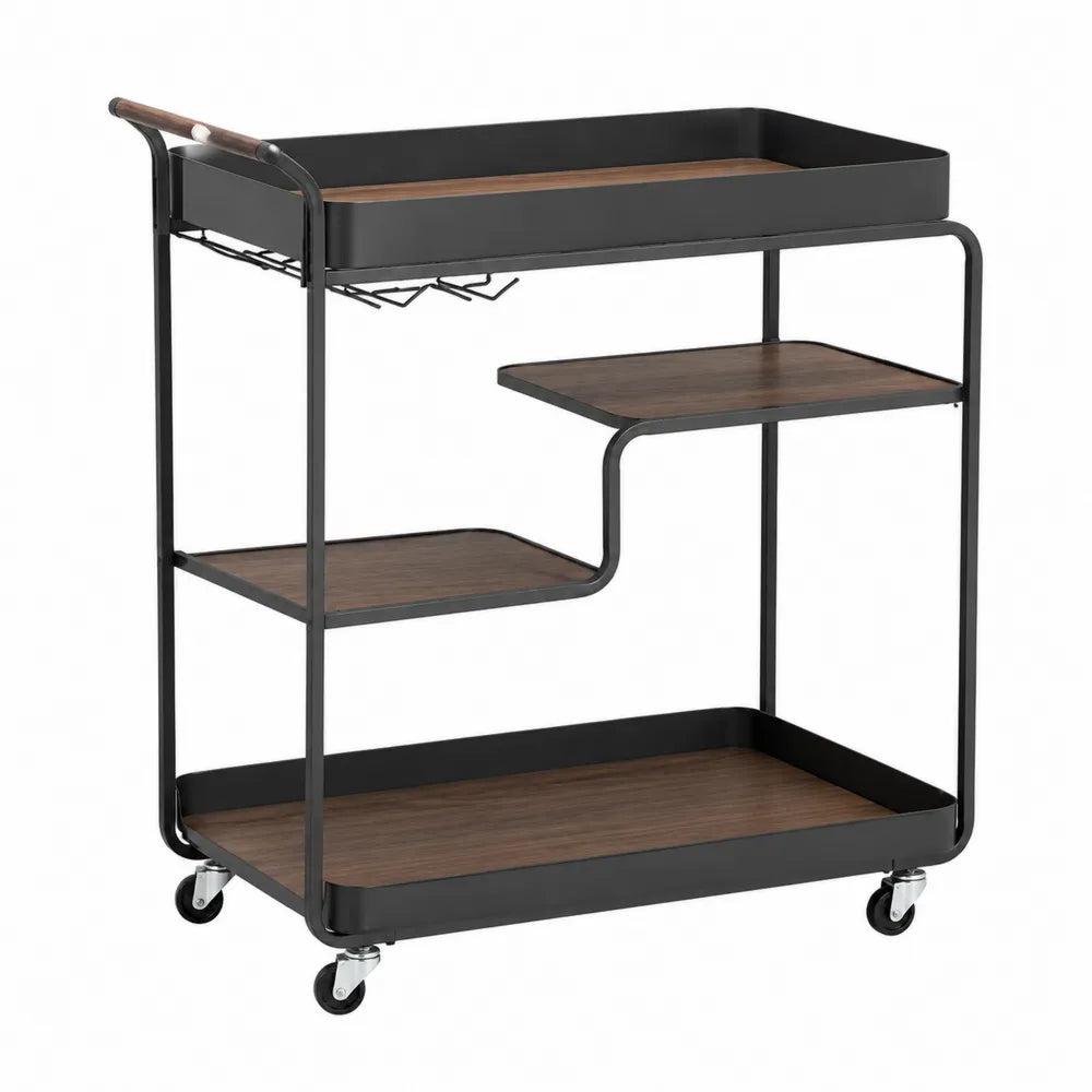 Carrito de bar de metal y MDF negro con ruedas