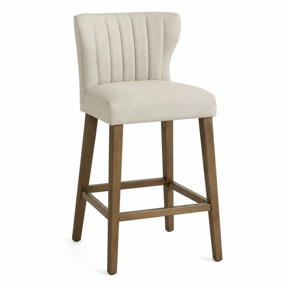 Taburete de madera con asiento de tela beige