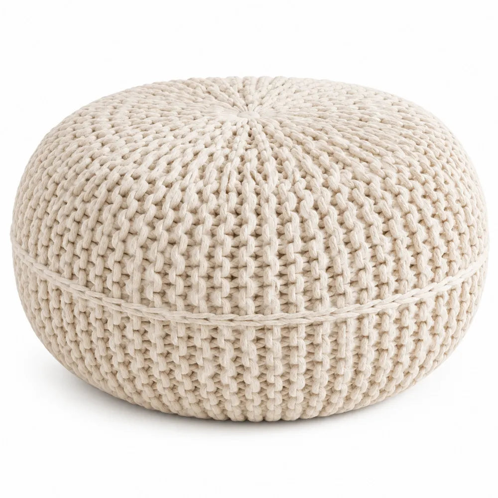 Puf redondo de algodón tejido beige