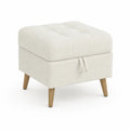 Reposapiés de poliéster beige con patas de madera 45x45x40 cm