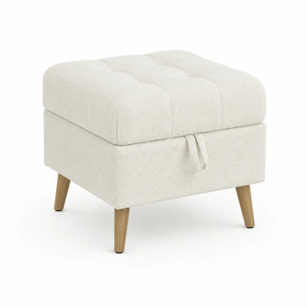 Reposapiés de poliéster beige con patas de madera 45x45x40 cm