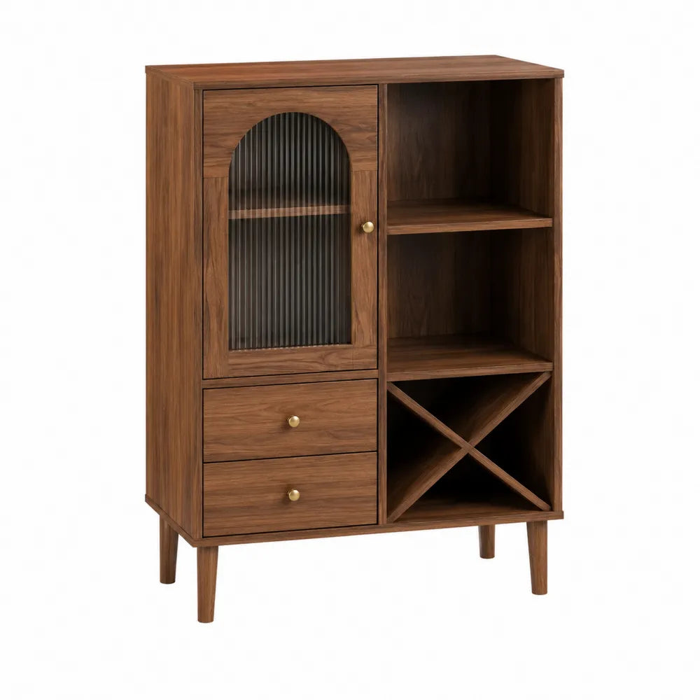 Aparador de Madera Nogal con Puerta de Vidrio Estriado y Cajones