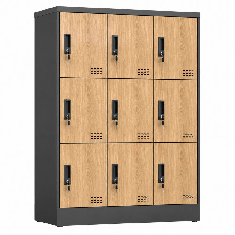 Armario metálico con 9 compartimentos de acero y MDF, gris y roble 180x90x40 cm