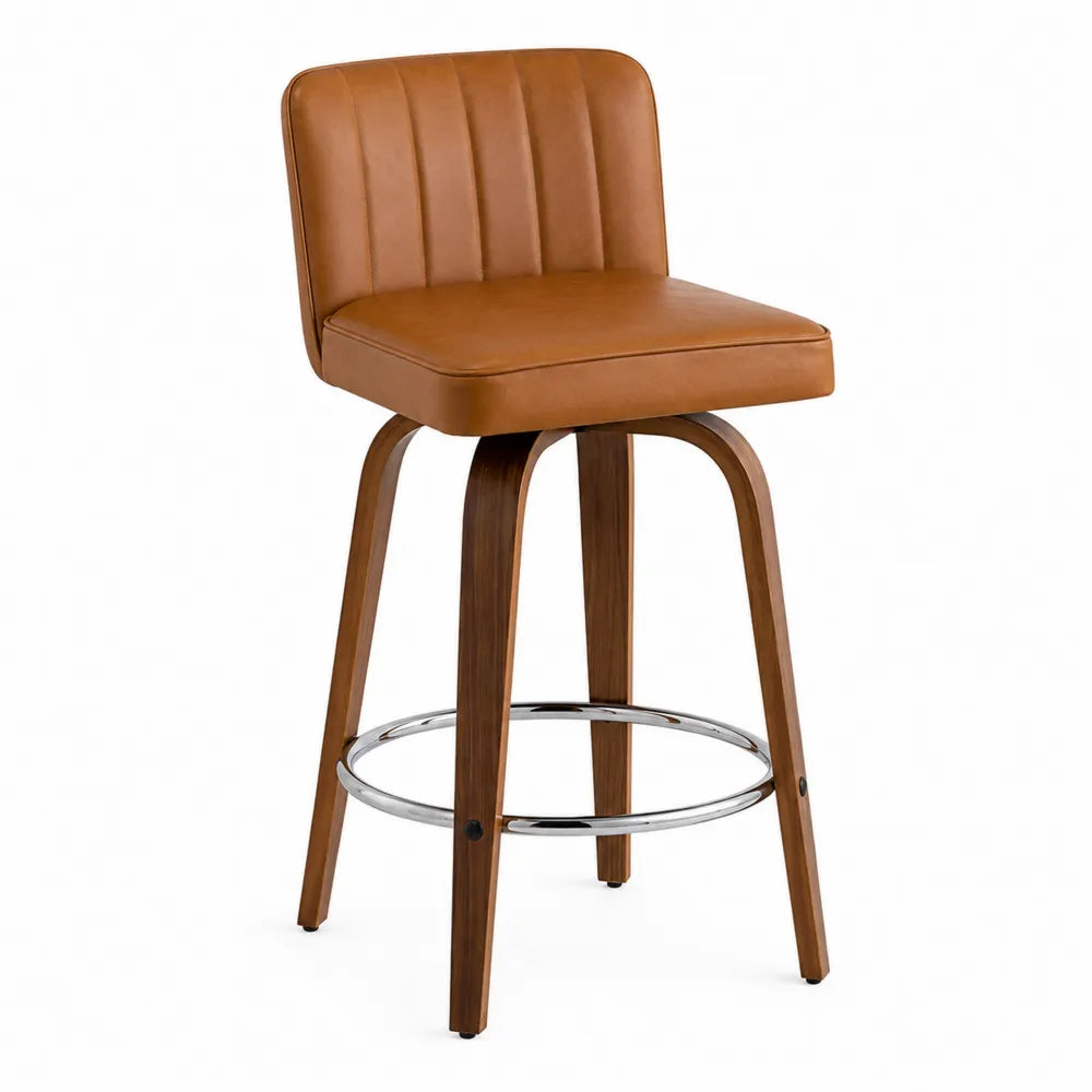 Taburete de bar giratorio de cuero sintético PU marrón con patas de madera contrachapada