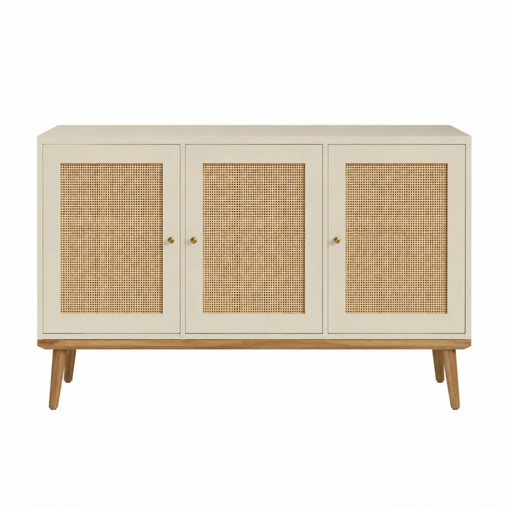 Aparador de Madera de Roble y Ratán Natural 3 Puertas Beige