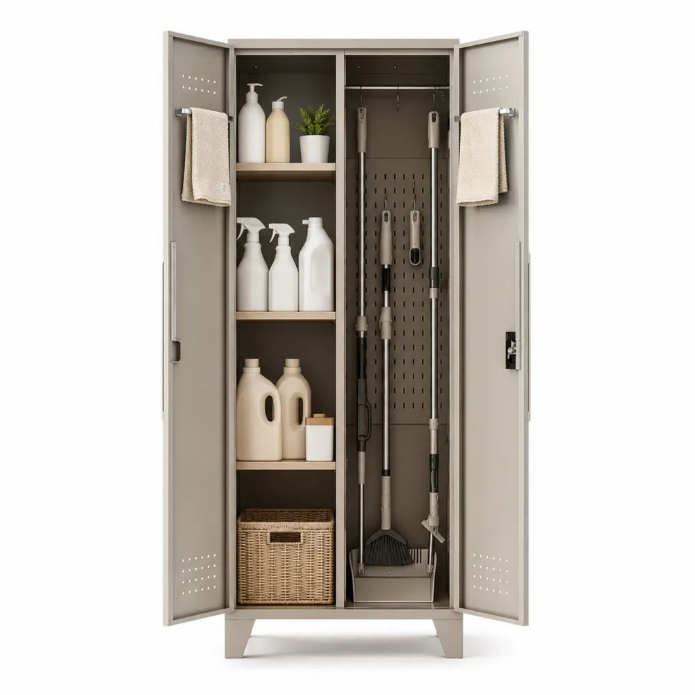 Armario de metal beige con estantes y soporte para herramientas 180x90x45 cm