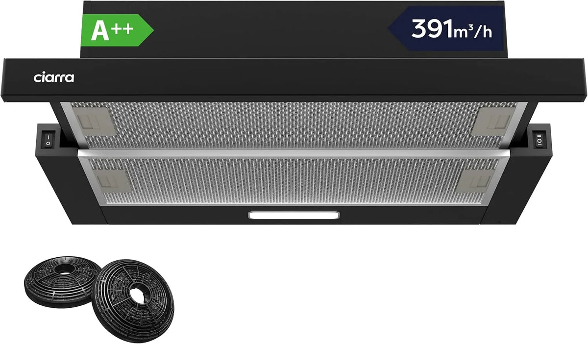 CIARRA CBCB6906D CB6906D, Výsuvné digestoře, A + + vzdálenost kapoty 60 cm 391 m3 / h, Černá / stříbrná, 60 cm, 58 dB, 150 mm, 078W