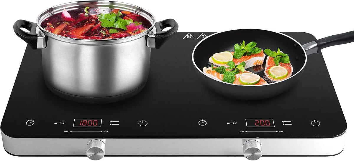 COOKTRON 4-Stunden-Timer, Elektrické vařiče, Indukční plotýnka 2 desky, dvojitá indukční náplň s ovládáním dotyku a tlačítka, Černá, 3500W, 2000W
