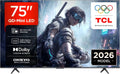 TCL 75T8D, Přenosné televizory, QD-Mini LED 75 palců TV, 4K Smart TV, Google TV, 144 Hz, Černá, Mini LED, 4K, QLED