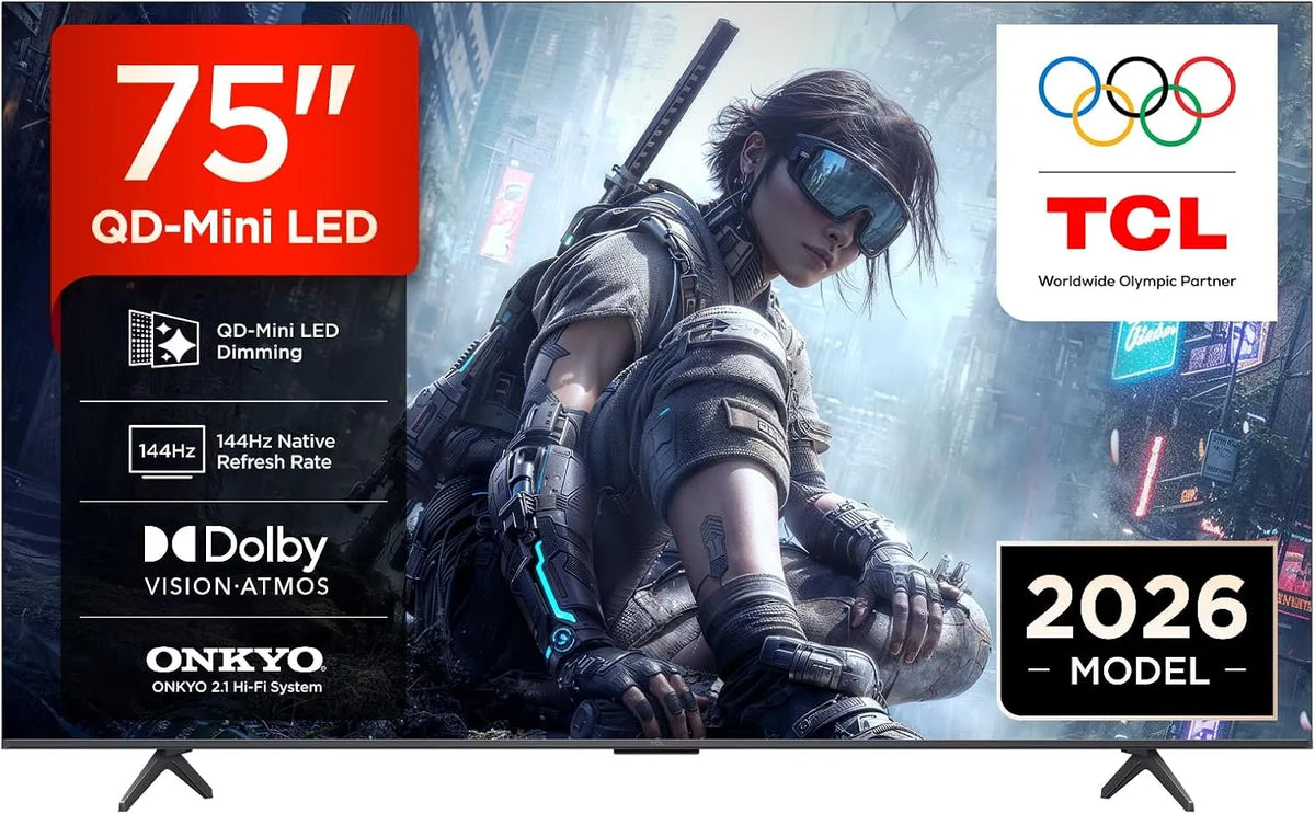 TCL 75T8D, Přenosné televizory, QD-Mini LED 75 palců TV, 4K Smart TV, Google TV, 144 Hz, Černá, Mini LED, 4K, QLED