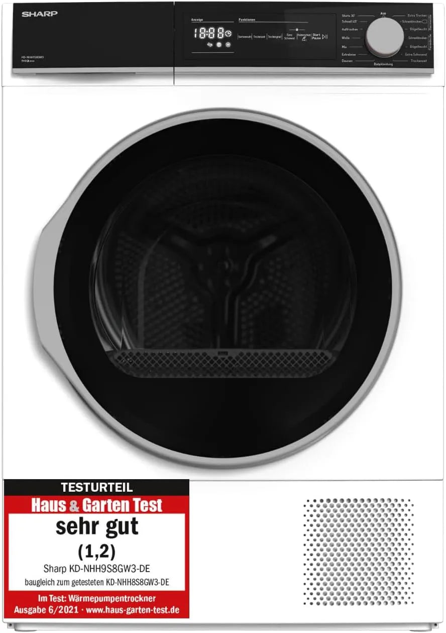 SHARP KD-NHH9S8GW3-DE NH9S8GW3-DE, Sušičky s tepelným čerpadlem, KD- Vysoušeč / C / 9 kg / 15 programů včetně krátkého programu 30 min. / chladicí