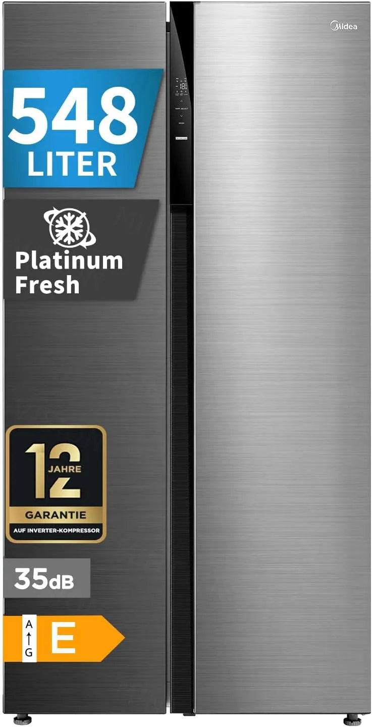 Midea, Kombinované chladničky s mrazákem, Side- by- Boční Lednice 548 L, No Frost, Dual- Inverter, 35 dB, Stříbrná, 548 L