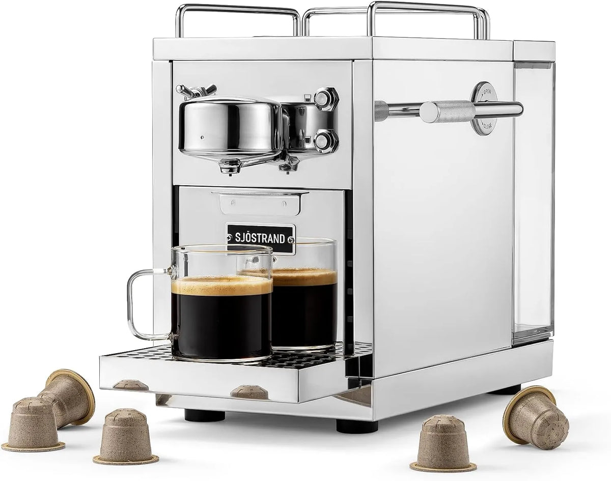 Sjöstrand Coffee Concept, 1- poháry na kávu, Originální 2 kávovar, Nespresso ® kompatibilní kapsle, nerezové espresso stroje, Stříbrná