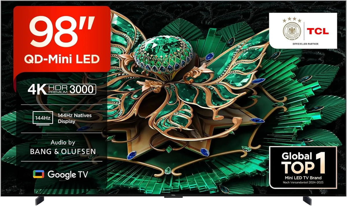 TCL 98C7K, Televizory, 98- palcový QD-mini LED TV, 4K HDR 3000, Smart Google TV s 144Hz Motion Clarity, Černá, mini LED, 4K, 144Hz, 120Hz