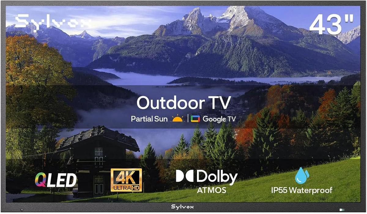 SYLVOX, Televizory, Outdoor TV, 43 palců Smart QLED TV, Weatherfest Outdoor TV Support Google, Černá, QLED, 4K, 55 V, 10W