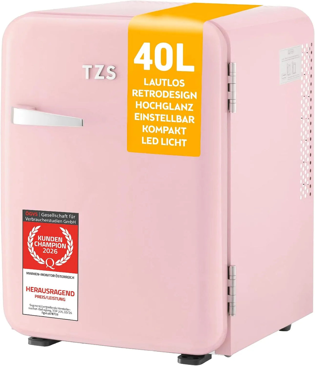 TZS First Austria, Minichladničky, TZS První Rakousko - Retro Mini Lednice 40L - Tichý - Vintage Minibar pro ložnice, Růže, 40L, 22 dB, 34 l