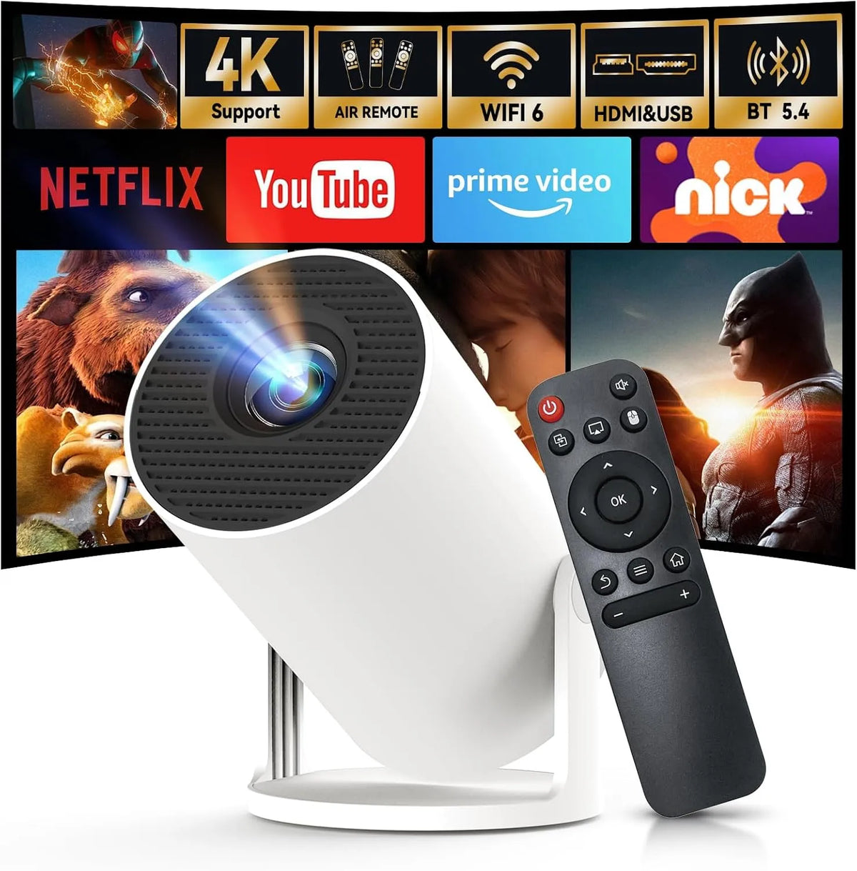 WEMI 720P HY300Pro, Projektory, Mini Beamer, Chytrý projektor Wi-Fi 6 Bluetooth, Native 4K Domácí kino, Přenosný, Černá, 4K, 1280 × 720, 3W