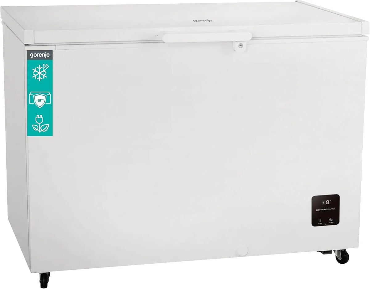 Gorenje FH30DAW, Truhlicové mrazničky, 4cm mrazák s válečky, šířka 111.4 cm, 297 l, nemrznoucí dno -15 ° C, Elek, Bílá, 4cm, 111.4 cm