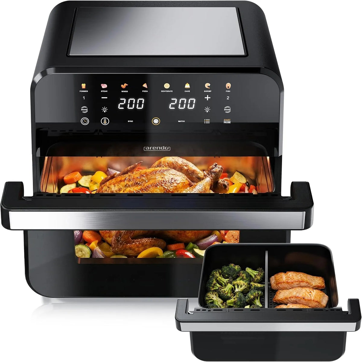Arendo, Horkovzdušné fritézy, Hot Air Fryer XXL 12 l - 2 komory / 1 komora Match Function - Extra Large, Černá / stříbrná, 12 l, 3 v, 1 g