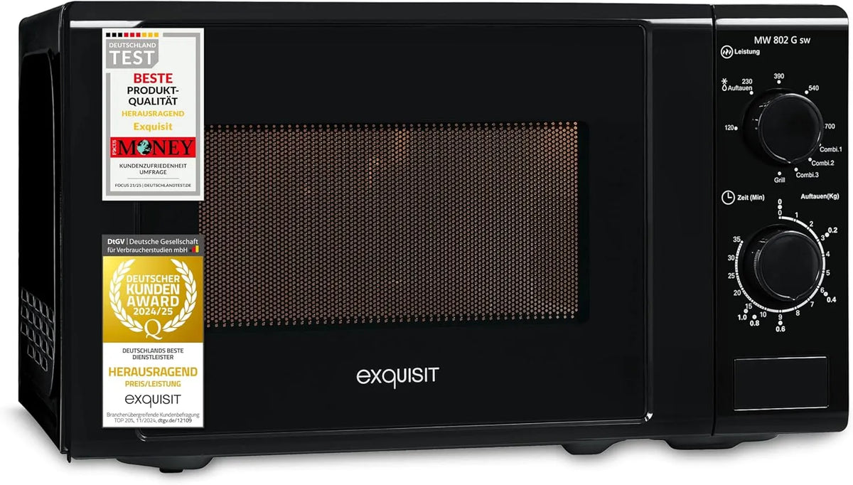 Exquisit W/1000, Mikrovlnné trouby s grilem, Vynikající mikrovlnná trouba s grilem MW 802 G - 20 l, 700 W / 1000 W, Černá / stříbrná, 802 G, 20 l