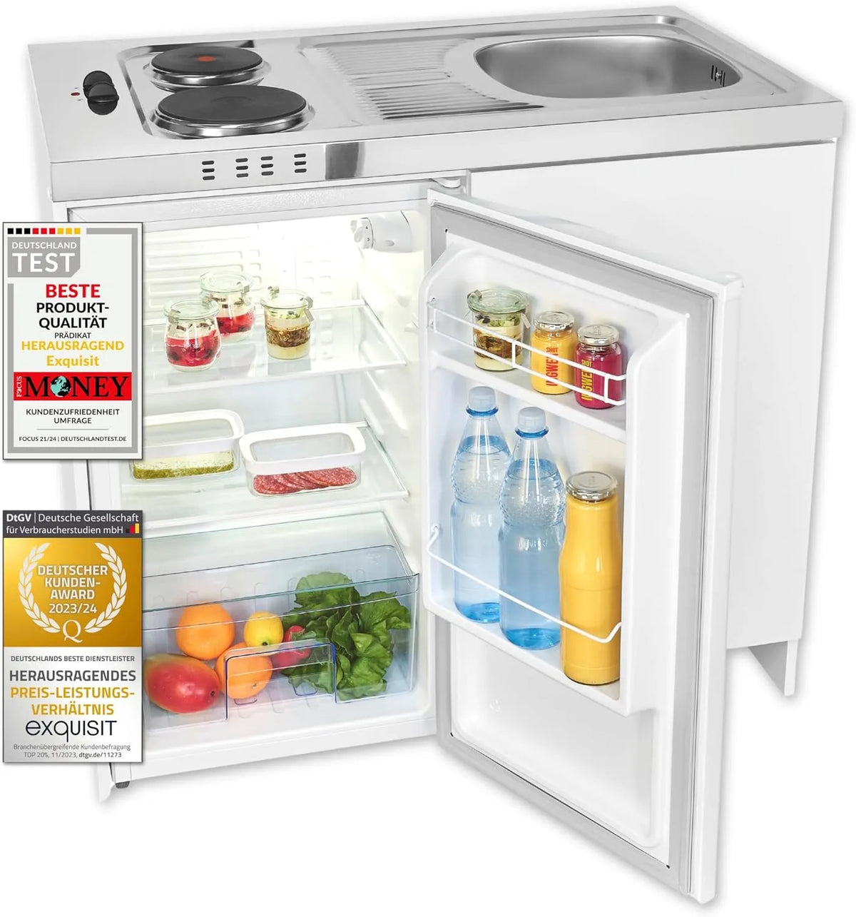Exquisit KK1085, Minikuchyně, Vynikající mini kuchyňská spíž bílá, 76 l, 41 dB, 0 x 100, 0 x 55