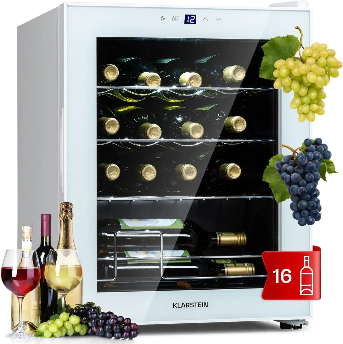 Klarstein, Nápojové chladničky, Clearstein Shiraz Víno Lednice bílá - 16 lahví, 42 L, 1 zóna, Černá, 16 l, 41 dB