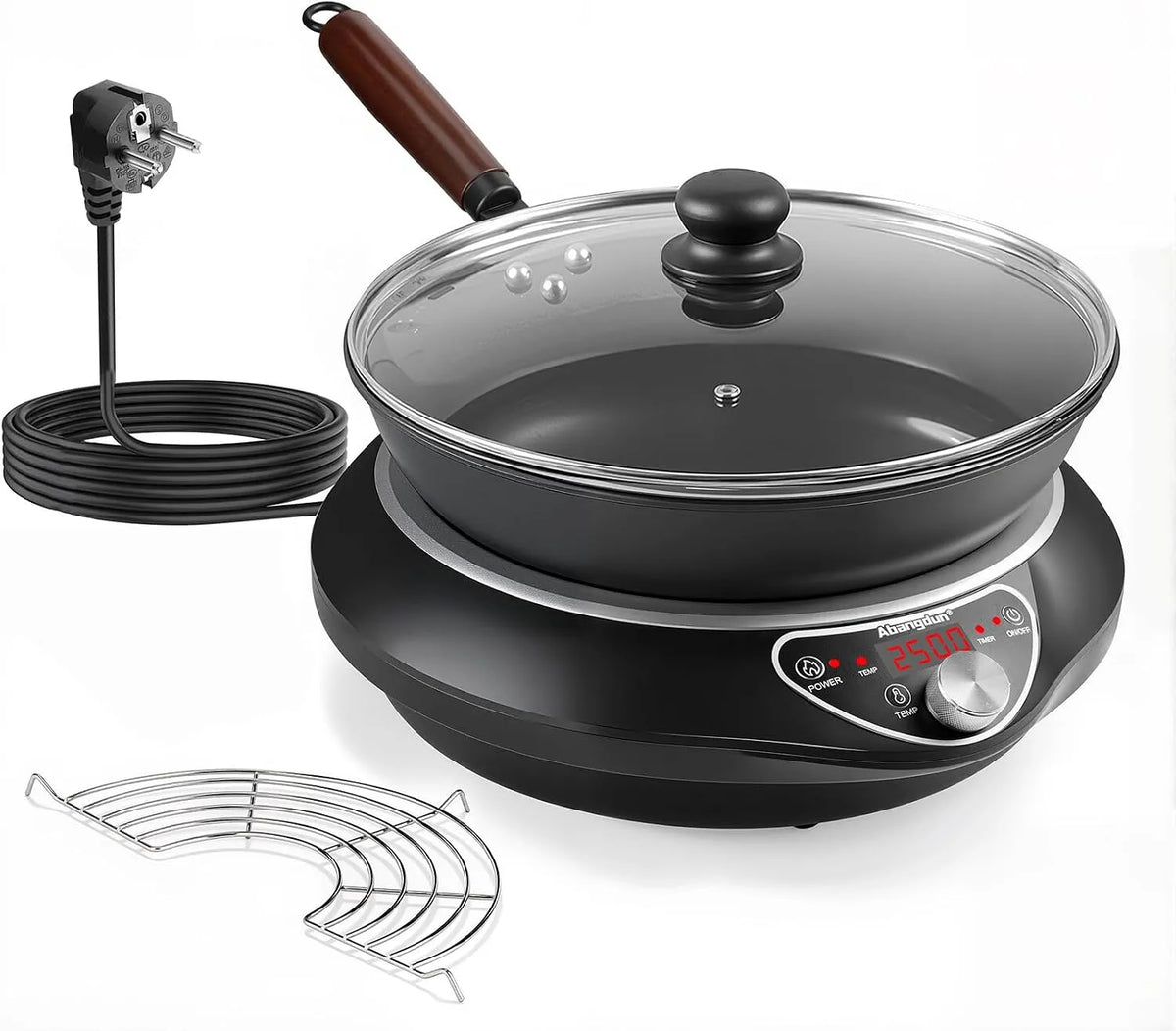 Abangdun 190-275V 18-Stunden-Timer, Elektrické vařiče, Vodicí plotýnka Wok, 2500W indukční plotýnka s Wok 12 stupeň vytápění indukční, Černá, 275V
