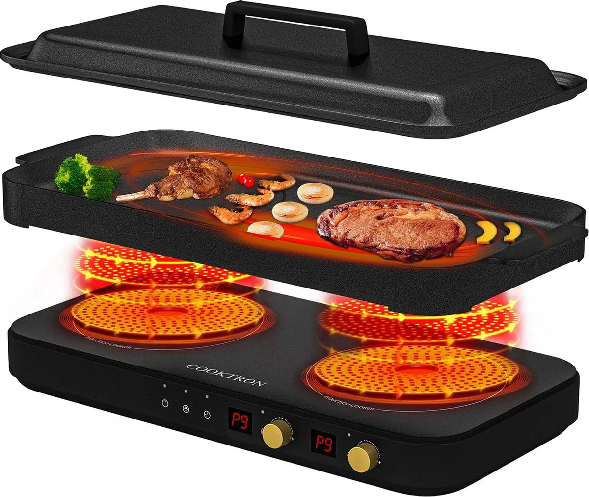 COOKTRON, Elektrické grilovací pánve, Přenosná indukční sporáková 2 hořáky s odnímatelnou železnou litinovou mřížkou, Černá, 2800W, 1800W, 400W