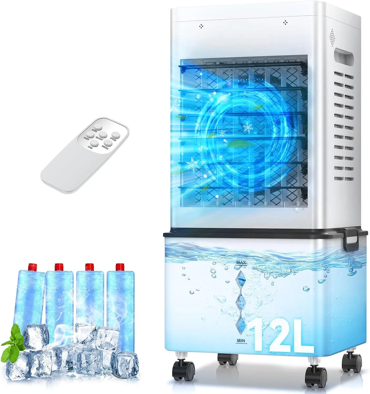 GLOWITE, Mobilní klimatizace, Mobilní chladič 12 L, dálkové ovládání, 6 stupňů, 24h časovač, 40 dB, Bílá, 12 L