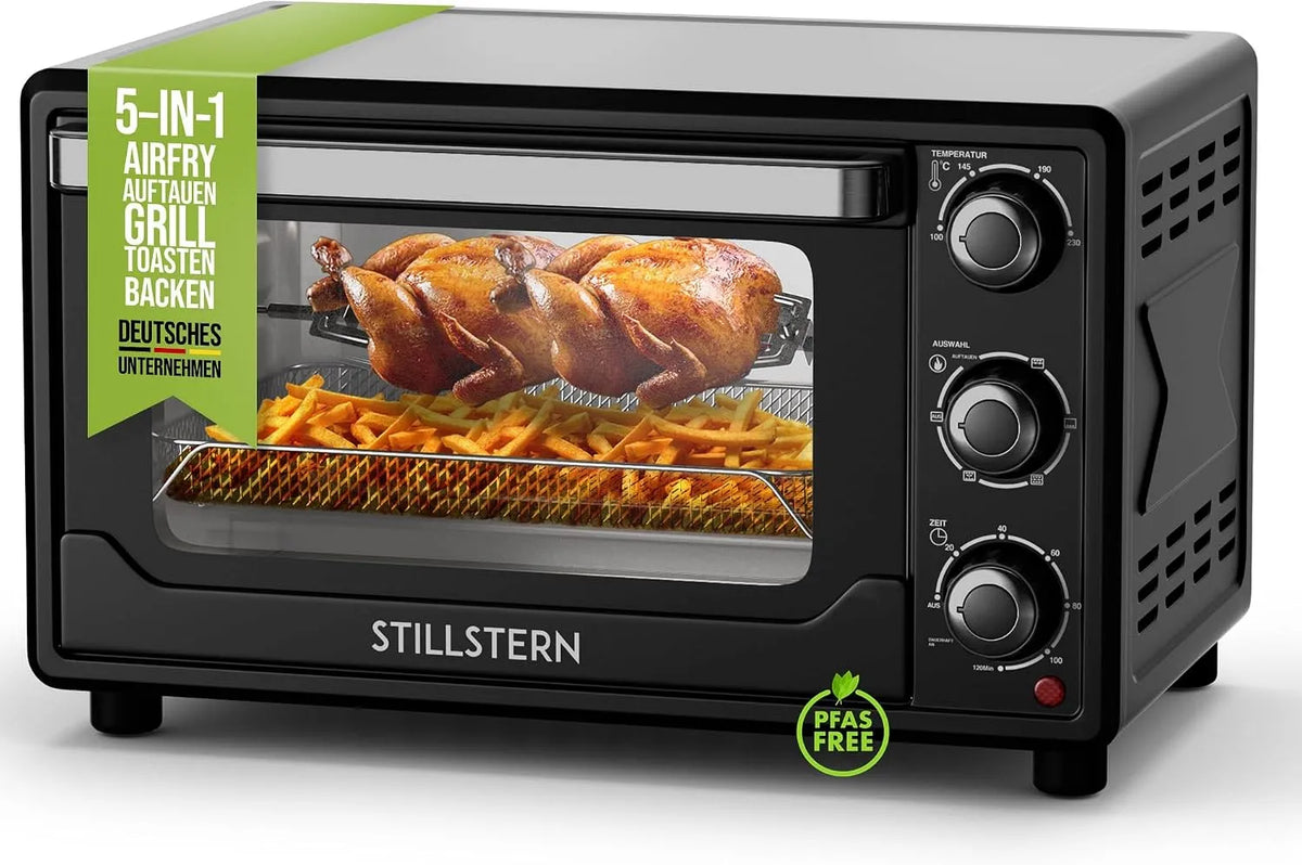 Stillstern, Mini trouby, Mini- pečení trouba s cirkulujícím vzduchem 25L (DE verze) Pizza Ø25, CYCLONE PRO, Černá / stříbrná, 25L, 40 l, 1G, 2V