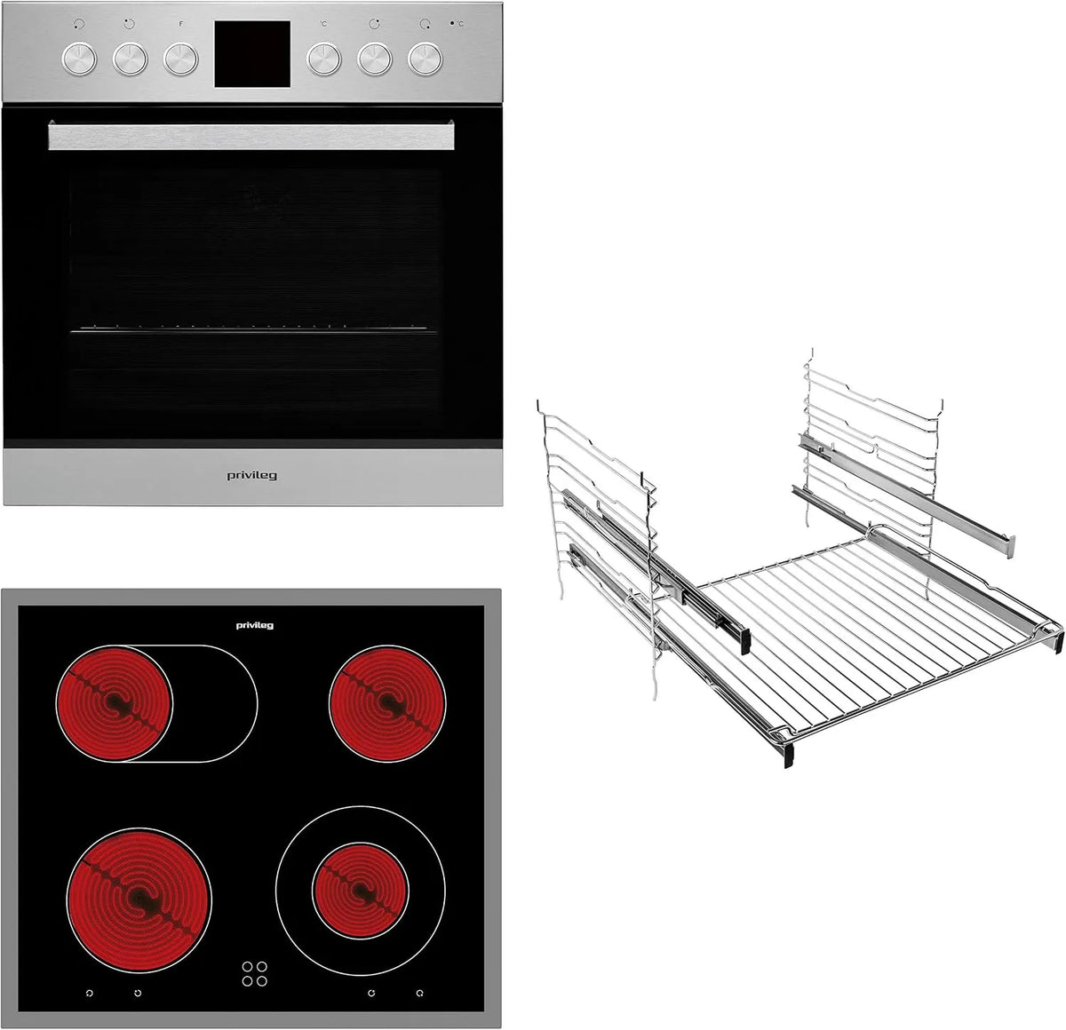 Privileg PV820, Trouby, e SET IN sporák / kamna na horkovzdušný vzduch s 8 funkcemi / funkce čištění, Černá, 60cm, 8V, 65 l