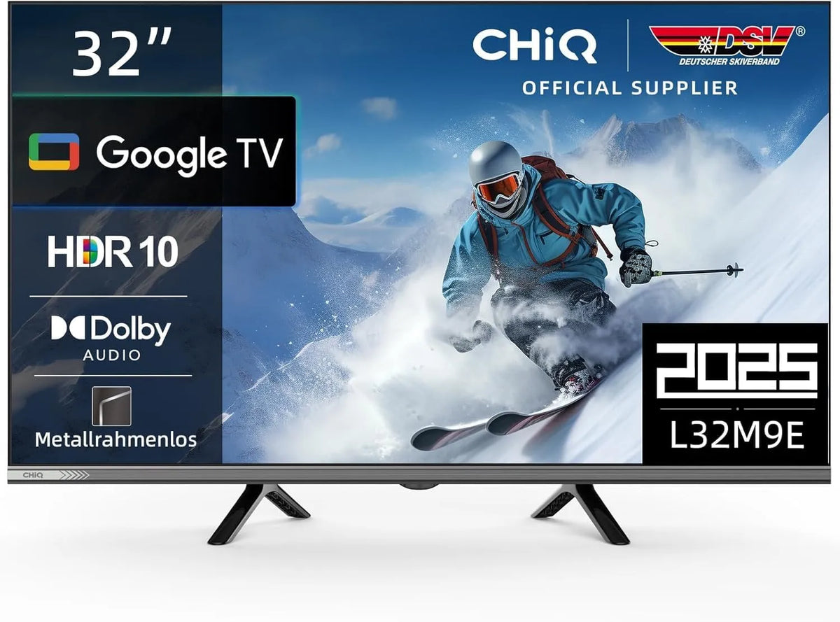CHiQ DVB-C/T/T2/S/S2 L32M9E, 32 palců (80 cm) Smart TV, HDR10, Google TV, Google Assistant, Triple Tuner DVB-C, Černá, 80 cm, 1467, 5 mm, 421.6 mm