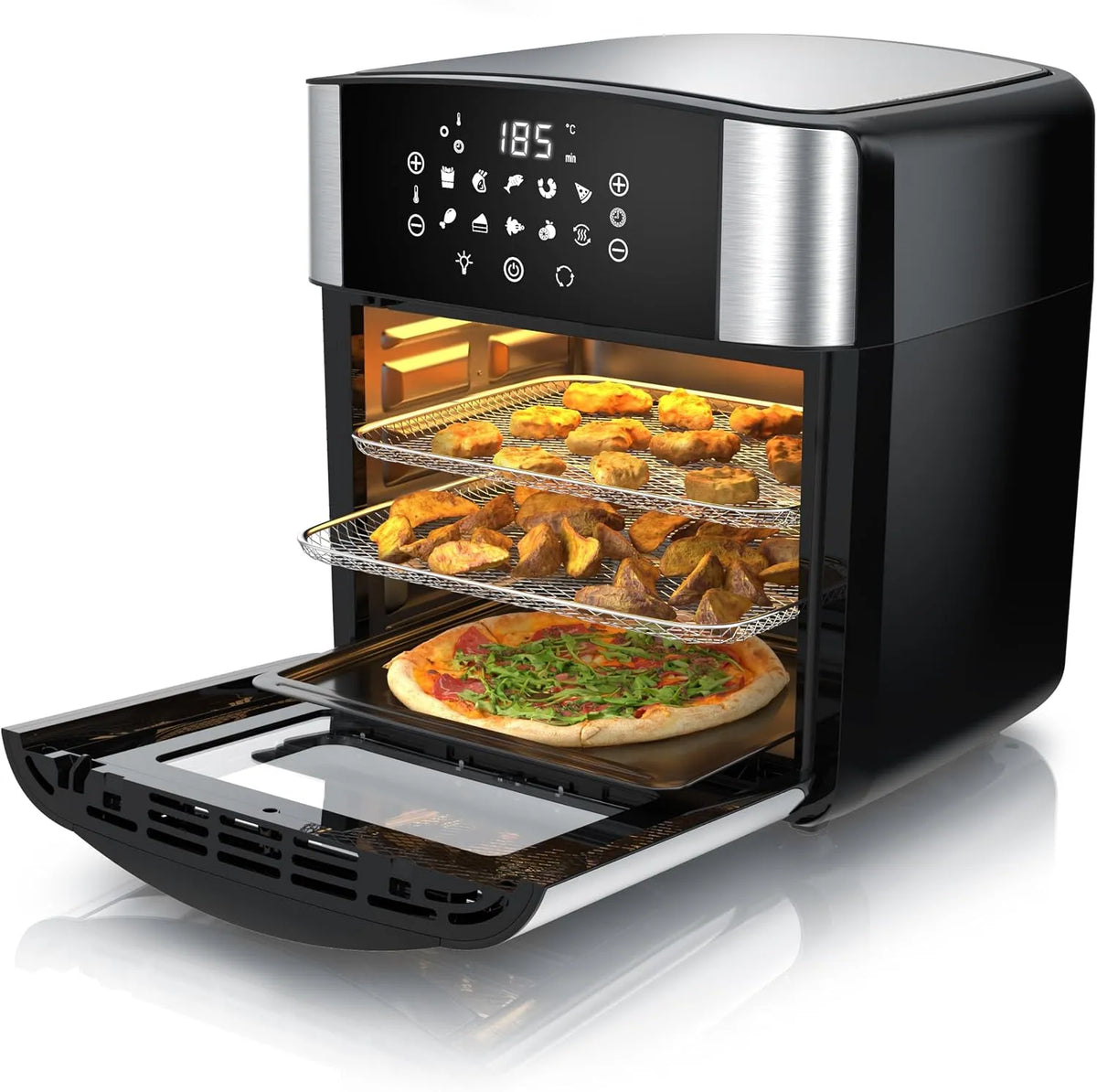 Arendo, Horkovzdušné fritézy, Teplý vzduch fritor XXL - extra velké 16 litrů - Pečivo recirkulovaný vzduch, Černá / stříbrná, 16 l, 2 V, 1800 W