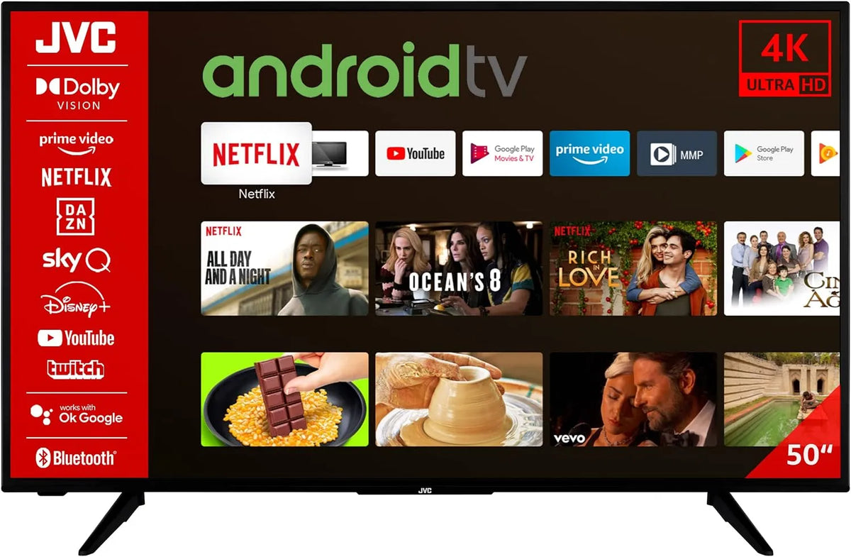 JVC LT-50VA3055, Televizory, 50 palců TV / Android TV (4K Ultra HD, HDR Dolby Vision, Smart TV, Google Play, Černá, 50V, 4K, 10 v, 126 cm