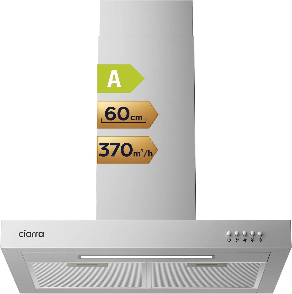 CIARRA CBCS6125 370m3, Nástěnné digestoře, Energetická účinnost Odsavač řady Stříbrný 60cm / h s aktivovaným uhlíkovým, Stříbrná, 60cm, 63 dB
