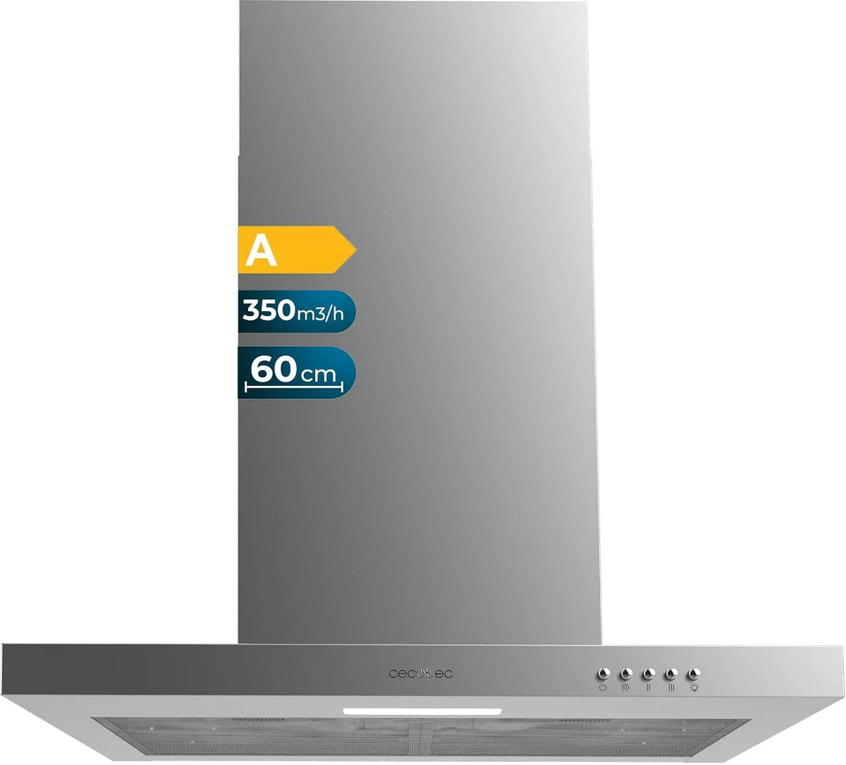 Cecotec 350m3/h 350m3, Nástěnné digestoře, Dostupná kapota 60 cm T- tvar Bolera FluxTM 603500 Inox A. sací výkon / h, motor, Stříbrná, 60 cm, 70W