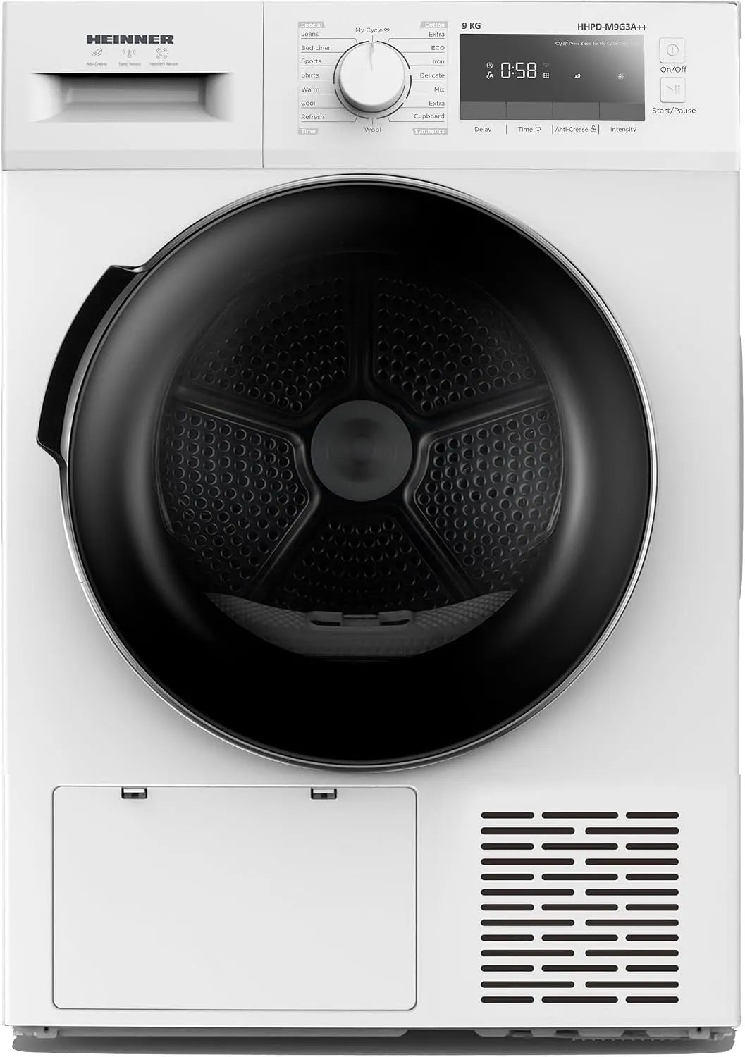 HEINNER HHPD-M9G3A, Sušičky s tepelným čerpadlem, +++ + + - 9 kg sušička na tepelná čerpadla, 14 programů, třída energie D, LED, Bílá, 9G, 9 kg