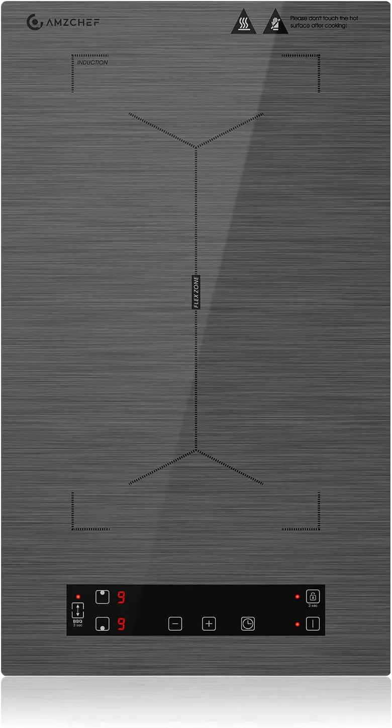 AMZCHEF, Varné desky, 2 desky, indukční plotýnka s flexovými zónami a zástrčkami, 10 úrovní výkonu, Šedá, 3300W, 40 x 20 cm, 30 cm, 52 cm