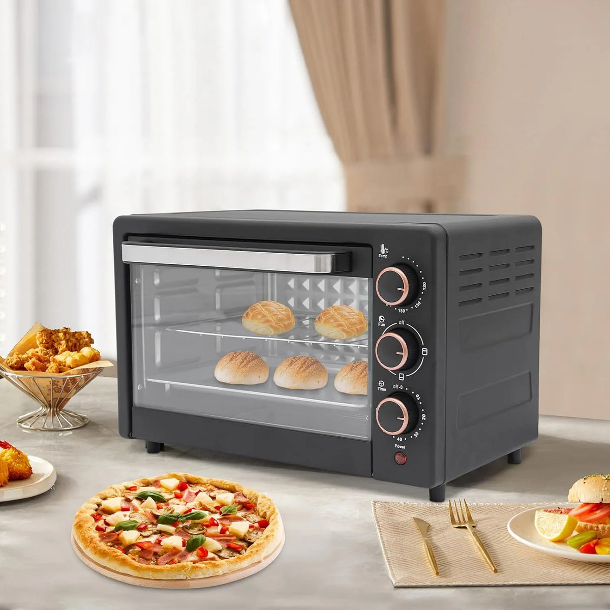 GIDRLL, Mini trouby, 22L Kompaktní mini trouba s cirkulujícím vzduchem, 60 min časovač, regulace, Černá / stříbrná, 22L, 1000 W, 4 v, 37cm