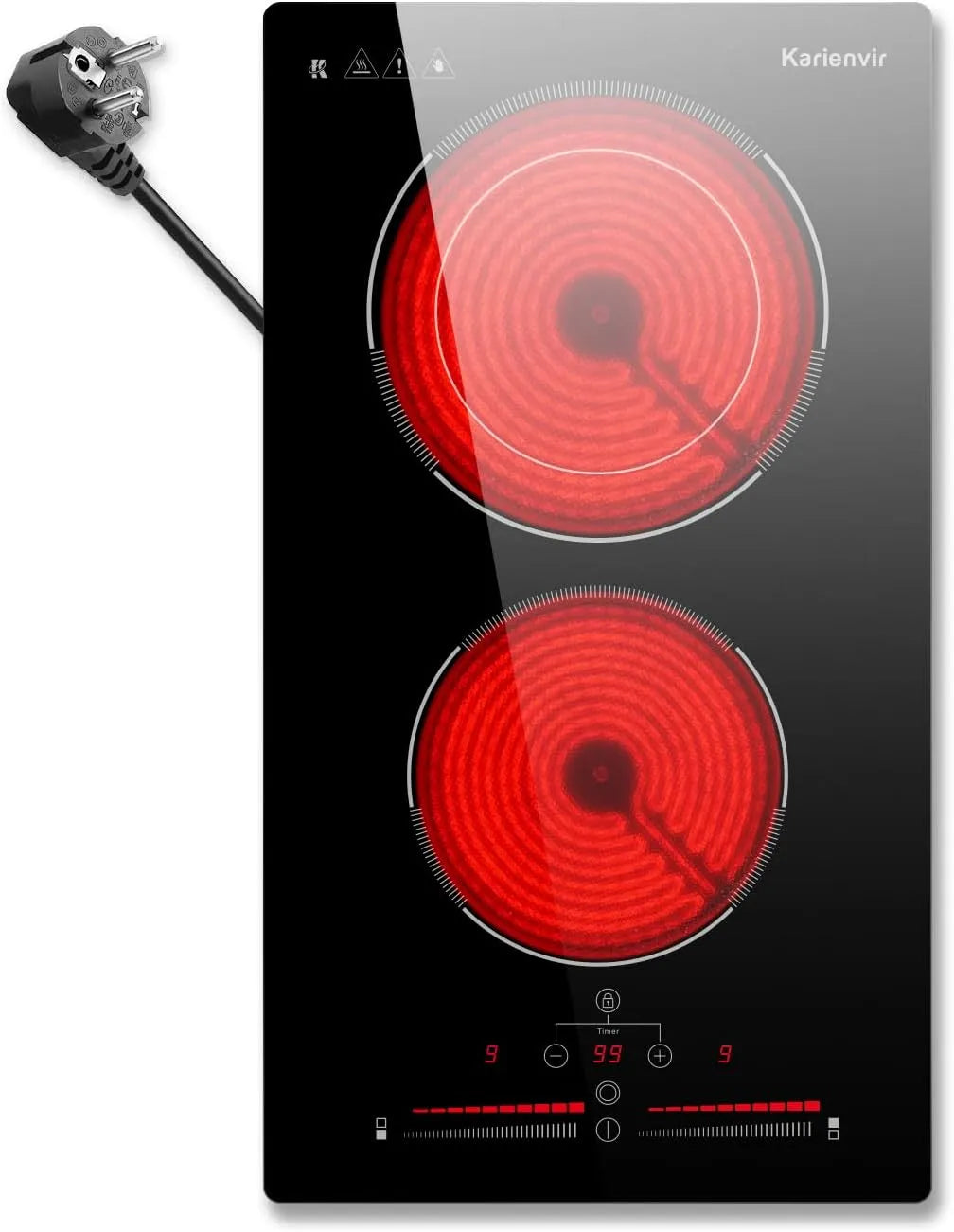 Karienvir, Varné desky, Skleněná keramická plotýnka 2 desky, varná deska instalace, rozšířená zóna, 3200W, Černá, 240V, 30cm, 220v