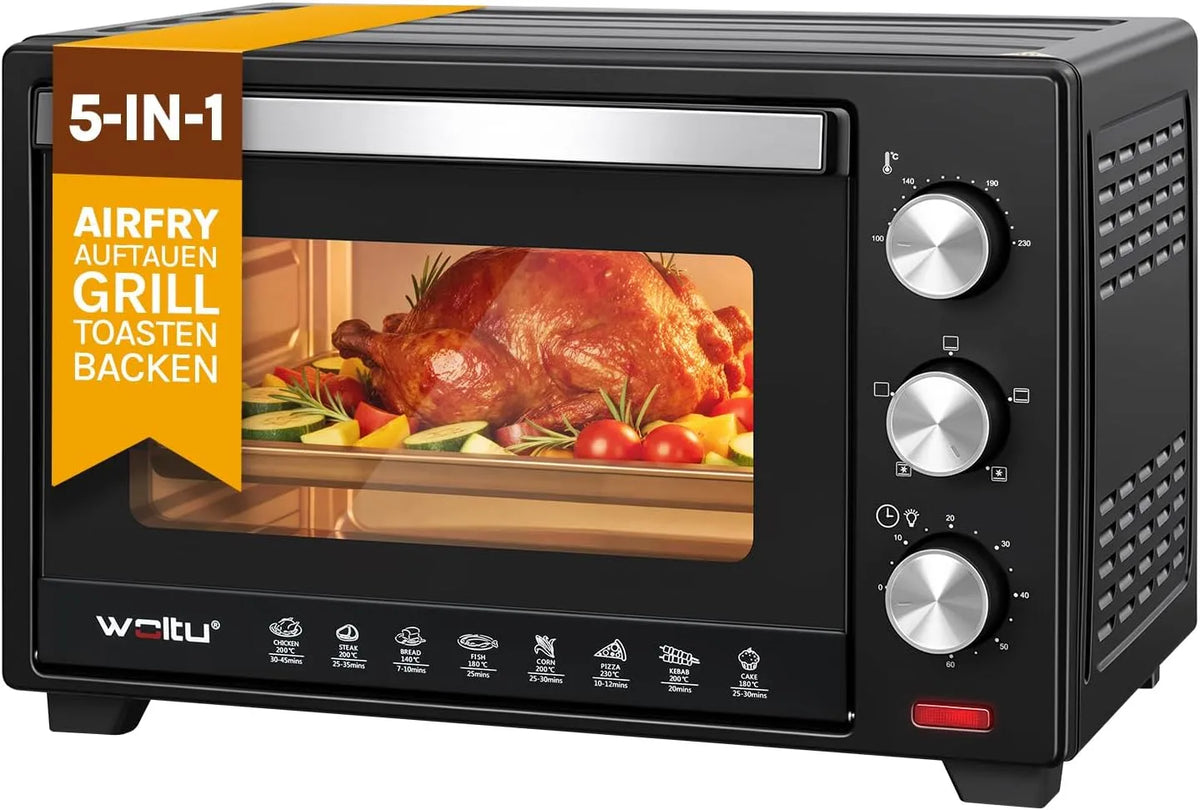 WOLTU, Mini trouby, Mini trouba s cirkulujícím vzduchem 28 L, pizzová trouba, 100-230 ° C, časovač, Černá / stříbrná, 28 L, 26 cm, 1600 W, 2 cm