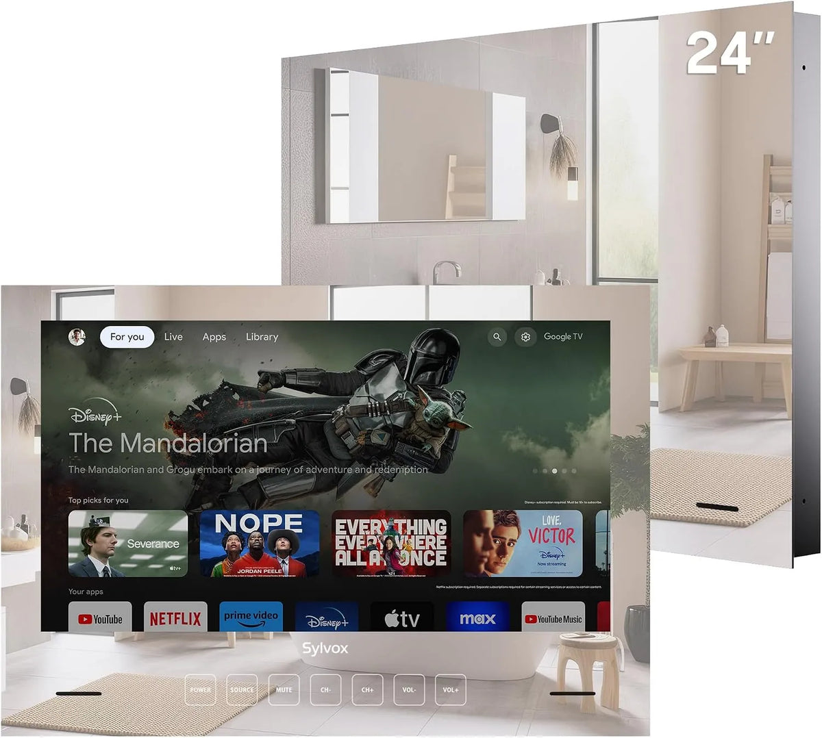 SYLVOX, Nástěnné a stropní držáky, Zrcadlo TV pro koupel 24 palců, IP65 Vodotěsné Magic Zrcadlo TV, Černá, 65 V, 66 v, 3l, 12V