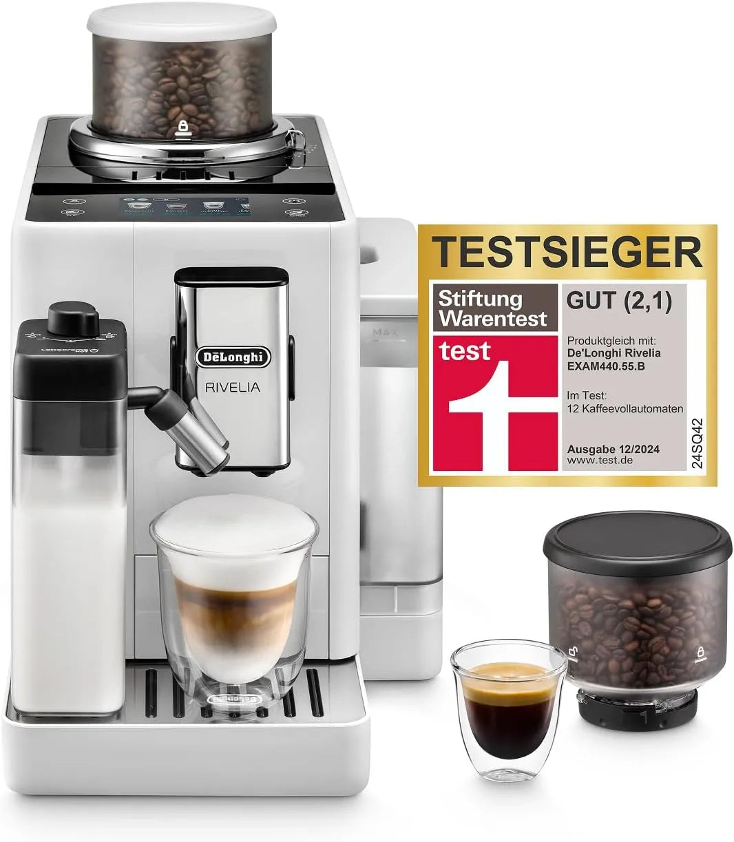 De'Longhi EXAM440.55.W, Plně automatické kávovary, De 'Longhi Rivelia Plně automatický kávovar, perfektní pěnu na mléko, vyměnitelný, Bílá, 3, 5 '