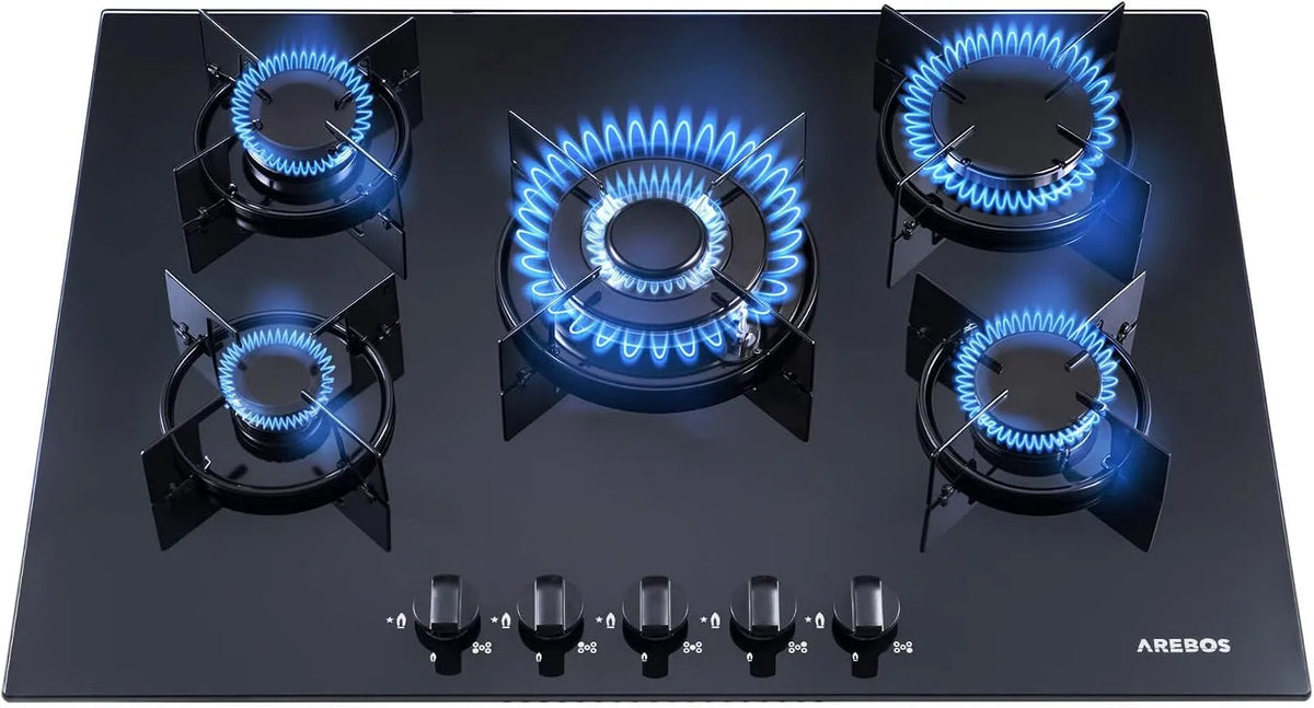 Arebos, Varné desky, Gas Kochfeld 70cm 5 hořáků, Černá, 70cm, 2 v, 2400 W, 1800W
