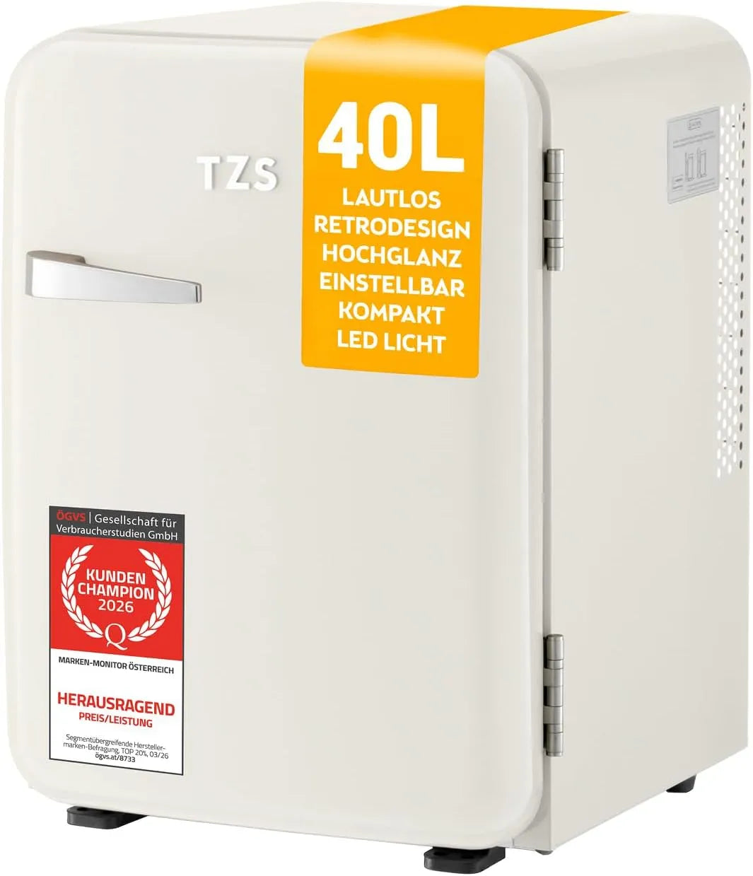TZS First Austria, Minichladničky, TZS První Rakousko - Retro Mini Lednice 40L - Tichý - Vintage Minibar pro ložnice, Bílá, 40L, 22 dB, 34 l