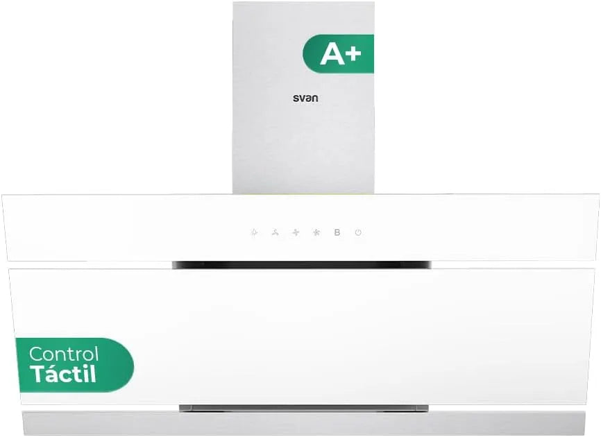 SVAN 600m3/h SVCC1960B, Ostrůvkové digestoře, Campana Extractora Incinada 90cm Cristal blanco. Potencia 600m3 / h, Tiro Doble, Černá, 90cm, 3 V